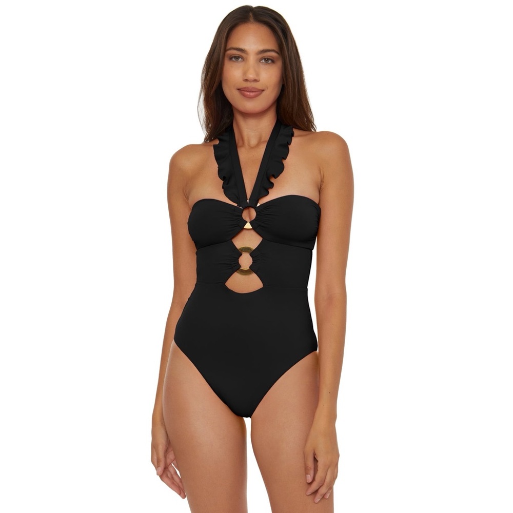 Soluna Swim Brown Buckle Up One Piece Bandeau Swimsuit Cut Out Neckline Size XL - Picture 7 of 10